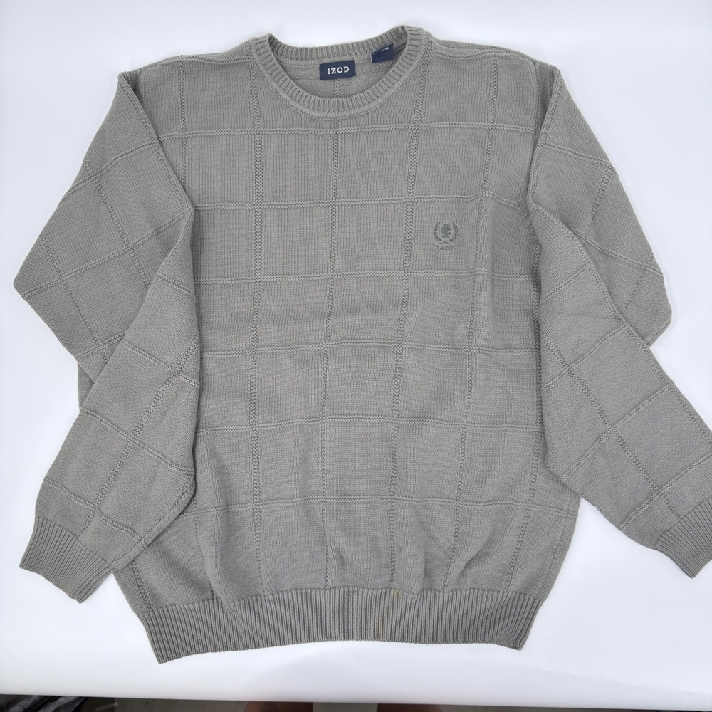 IZOD Sweater Crewneck Grid Textured Y2K Gender Mens Size Medium Gray Cotton Knit